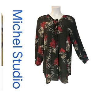 ⭐️Tunic Blouse Michel Studio Flowy Top Black White Floral Dot Office Casual Boho
